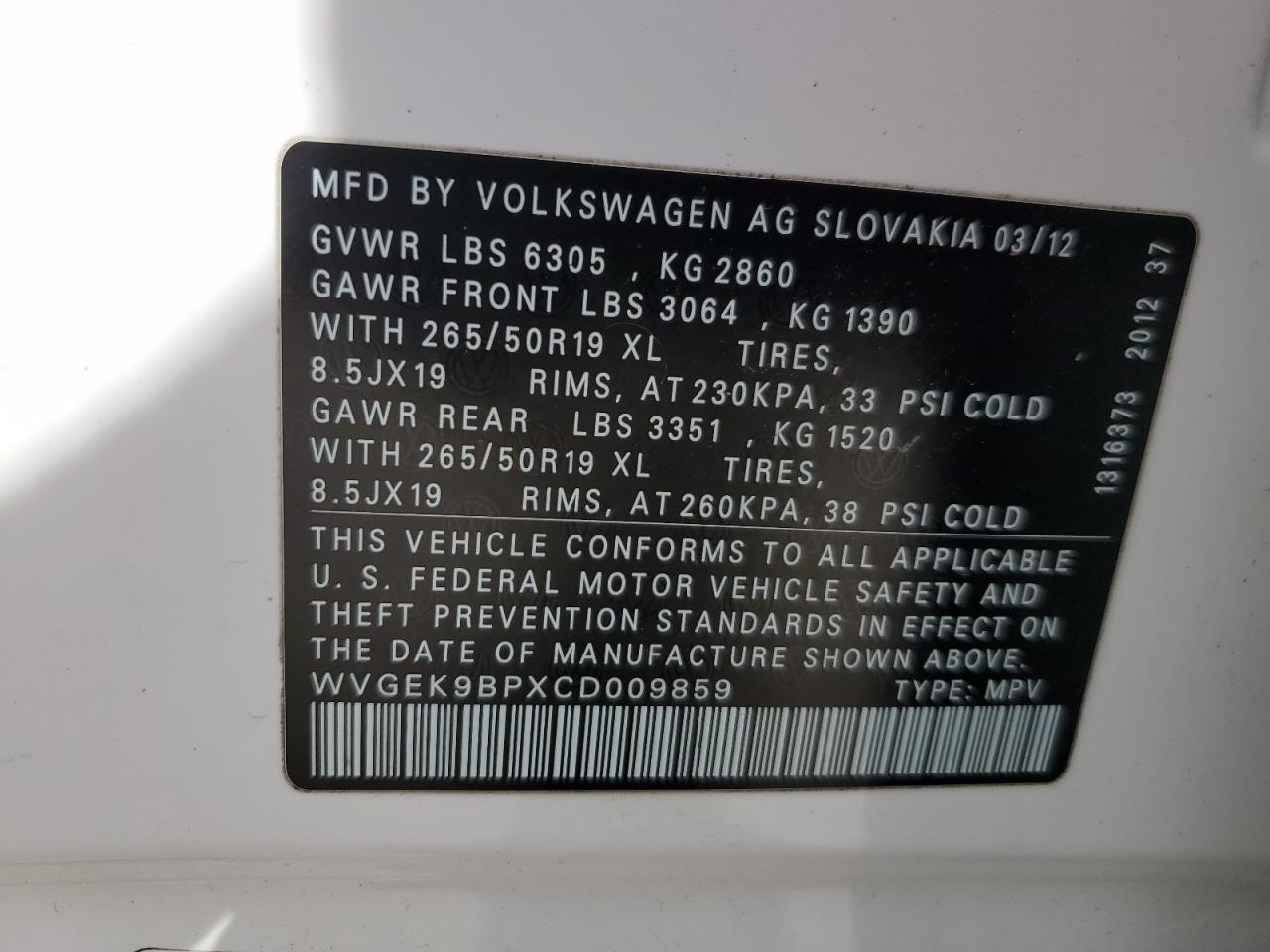 WVGEK9BPXCD009859 2012 Volkswagen Touareg V6 Tdi