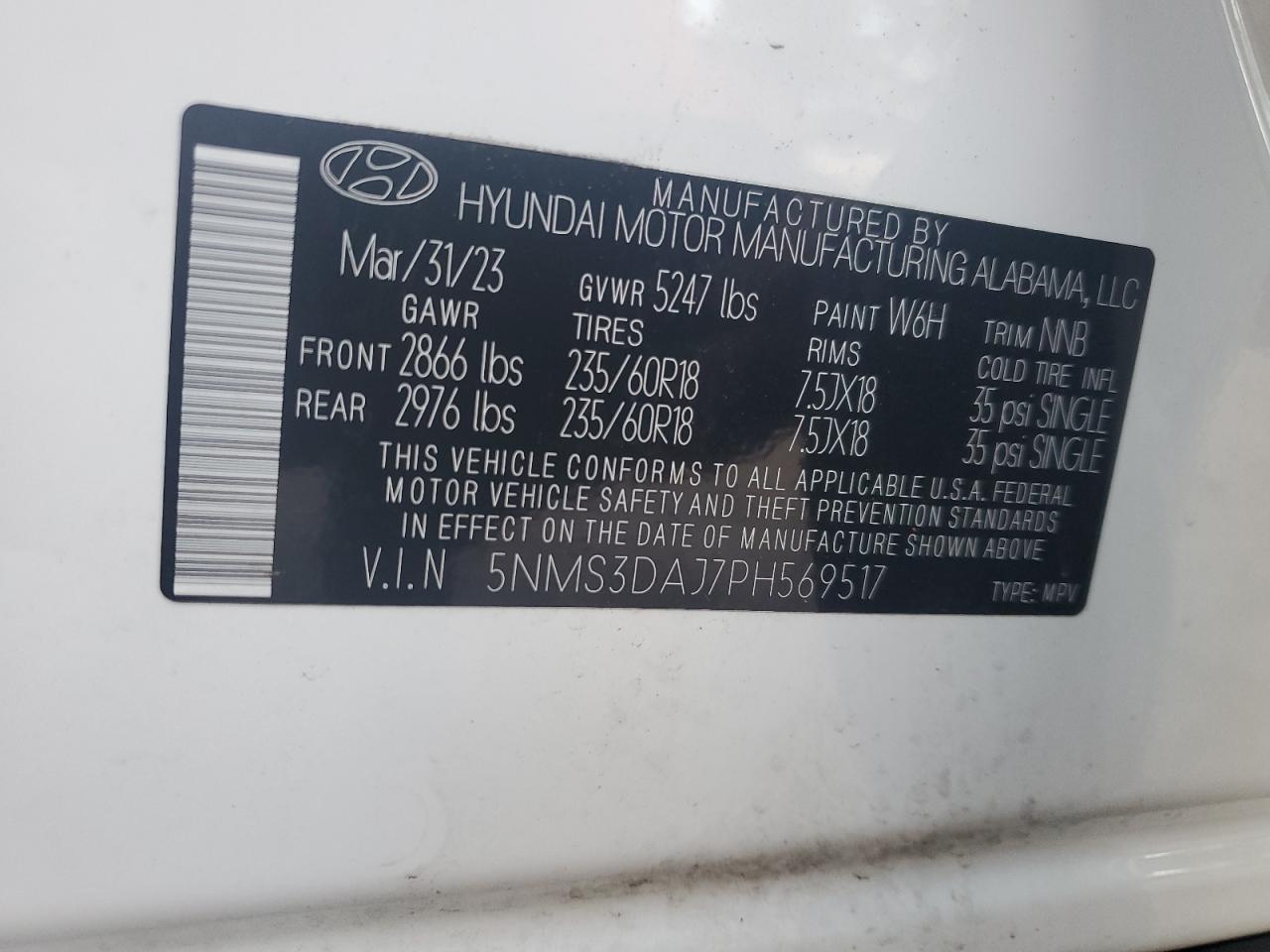 5NMS3DAJ7PH569517 2023 Hyundai Santa Fe Sel Premium