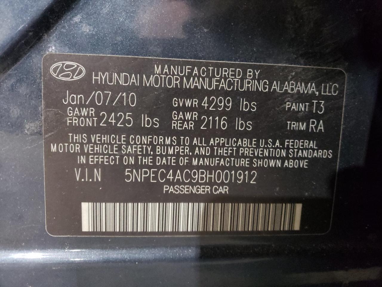 2011 Hyundai Sonata Se VIN: 5NPEC4AC9BH001912 Lot: 69275954