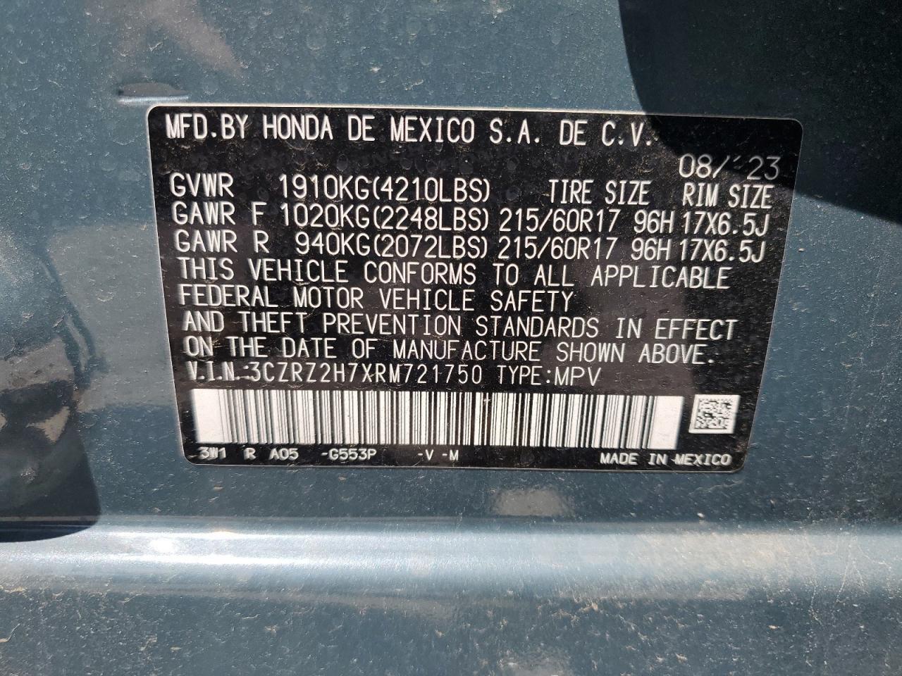 VIN 3CZRZ2H7XRM721750 2024 HONDA HR-V no.13