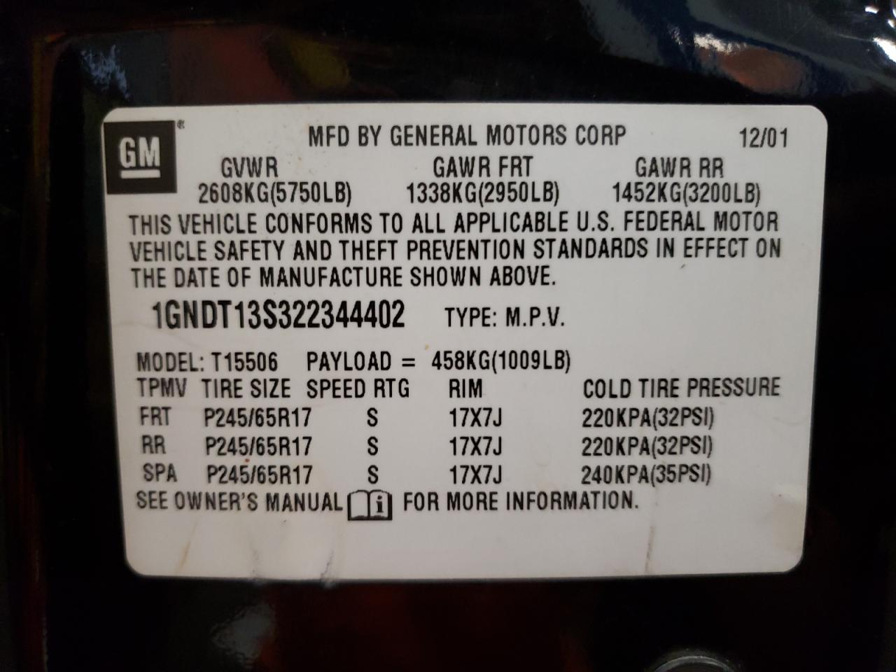 2002 Chevrolet Trailblazer VIN: 1GNDT13S322344402 Lot: 67172814