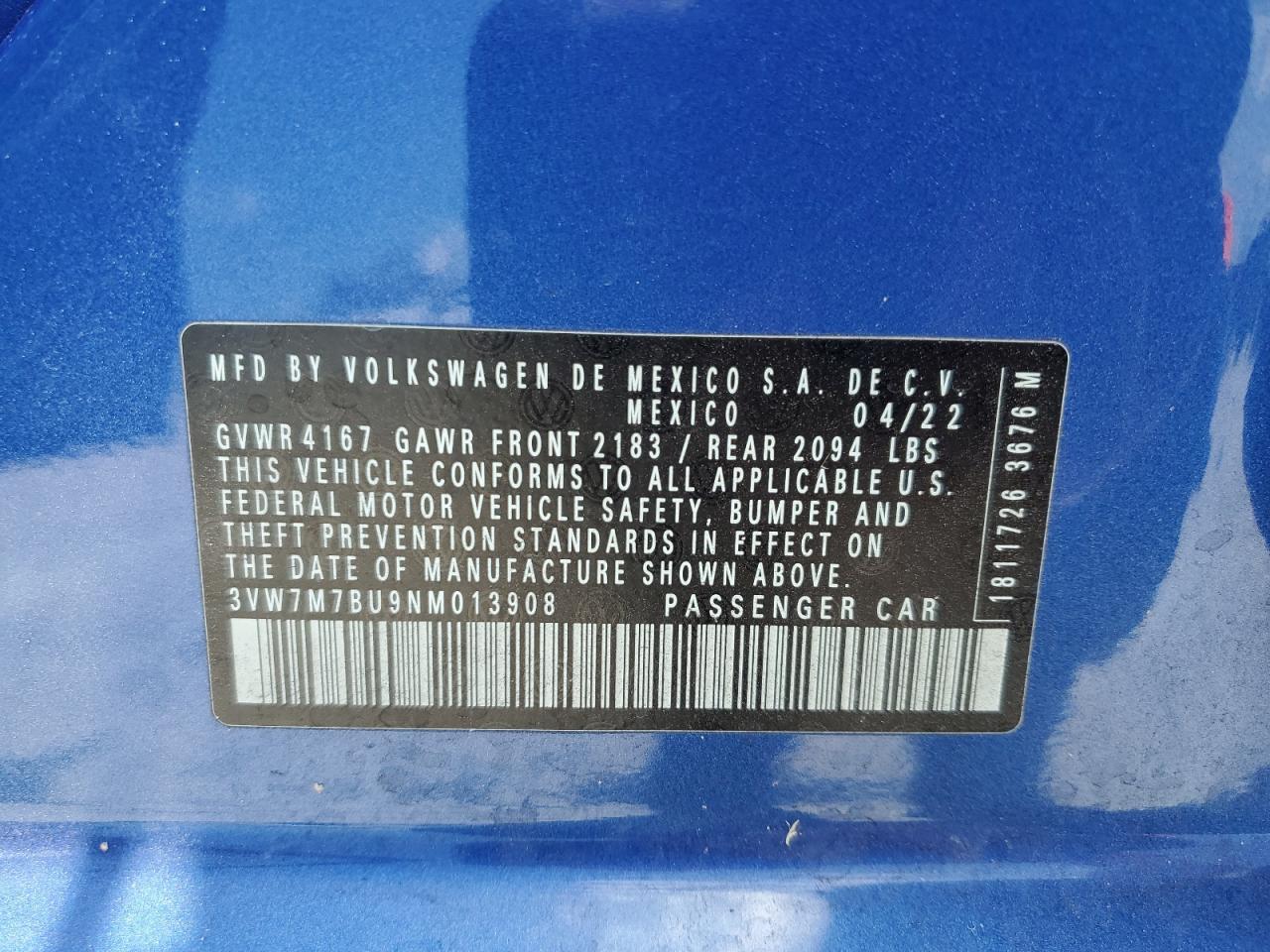 2022 Volkswagen Jetta Se VIN: 3VW7M7BU9NM013908 Lot: 65636784