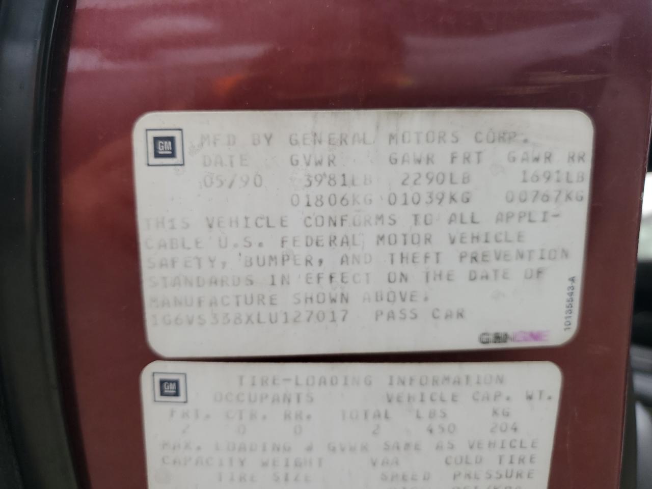 1990 Cadillac Allante VIN: 1G6VS338XLU127017 Lot: 67603564