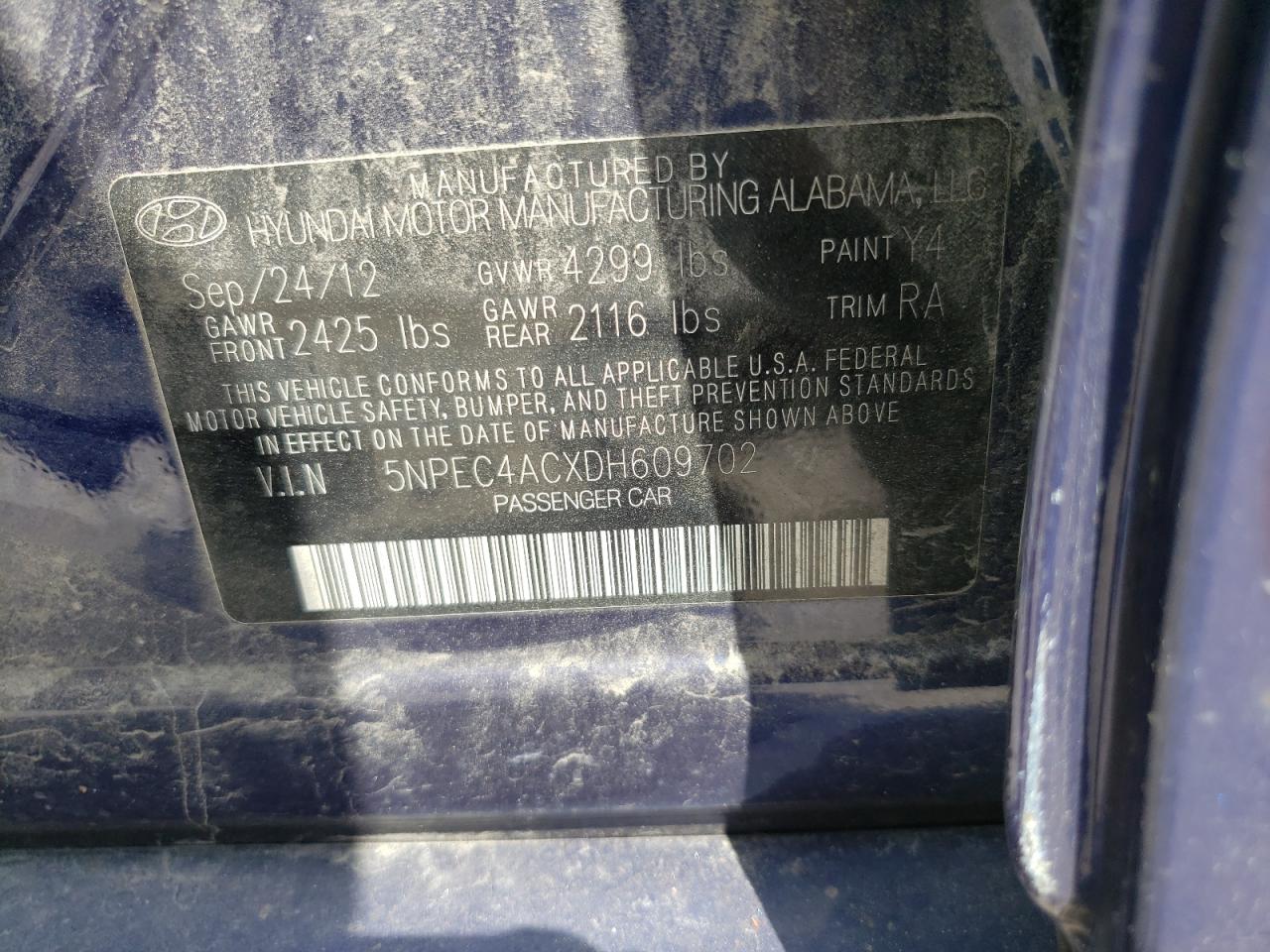 2013 Hyundai Sonata Se VIN: 5NPEC4ACXDH609702 Lot: 43777415