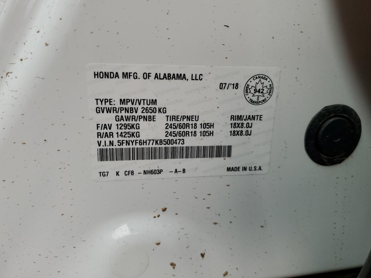 2019 Honda Pilot Exl VIN: 5FNYF6H77KB500473 Lot: 67294724