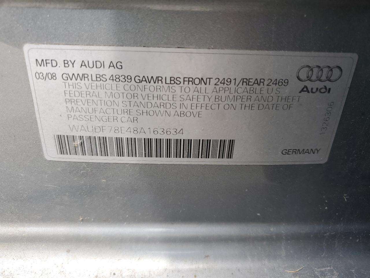 WAUDF78E48A163634 2008 Audi A4 2.0T Quattro