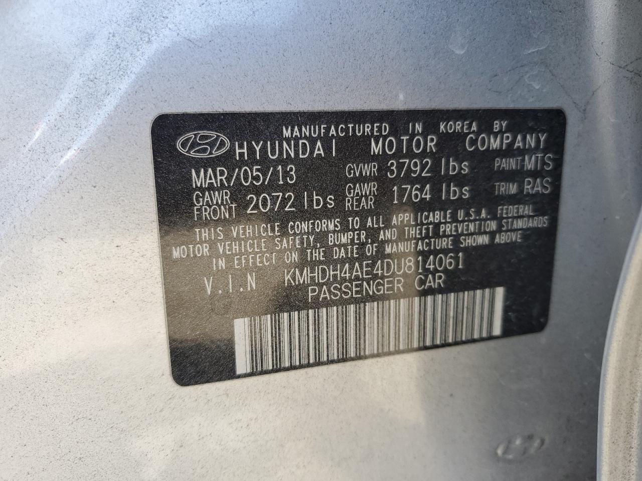 KMHDH4AE4DU814061 2013 Hyundai Elantra Gls