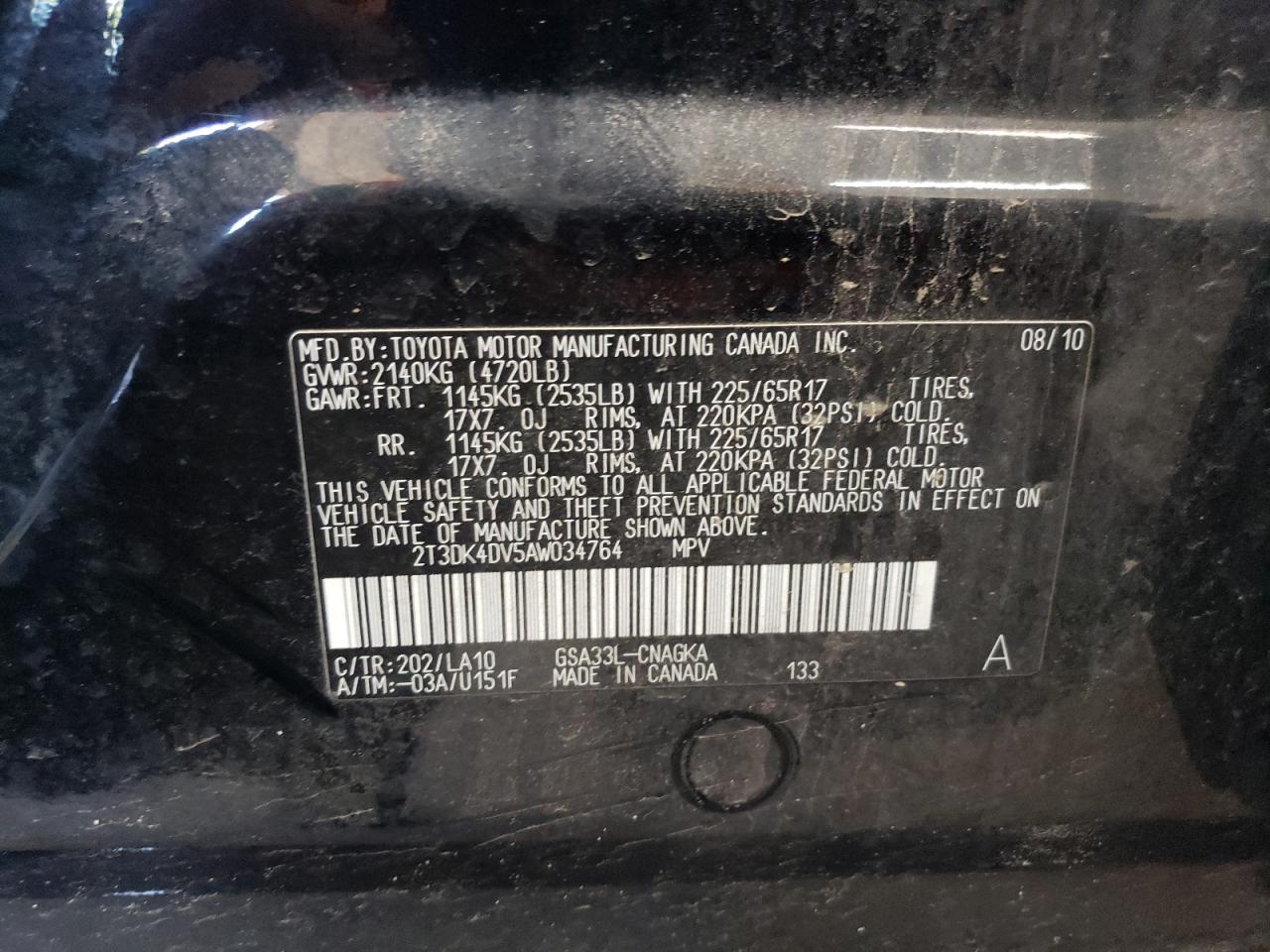 2010 Toyota Rav4 Limited VIN: 2T3DK4DV5AW034764 Lot: 62607434