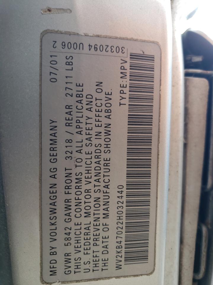 2002 Volkswagen Eurovan Gls VIN: WV2KB47022H032440 Lot: 66861884