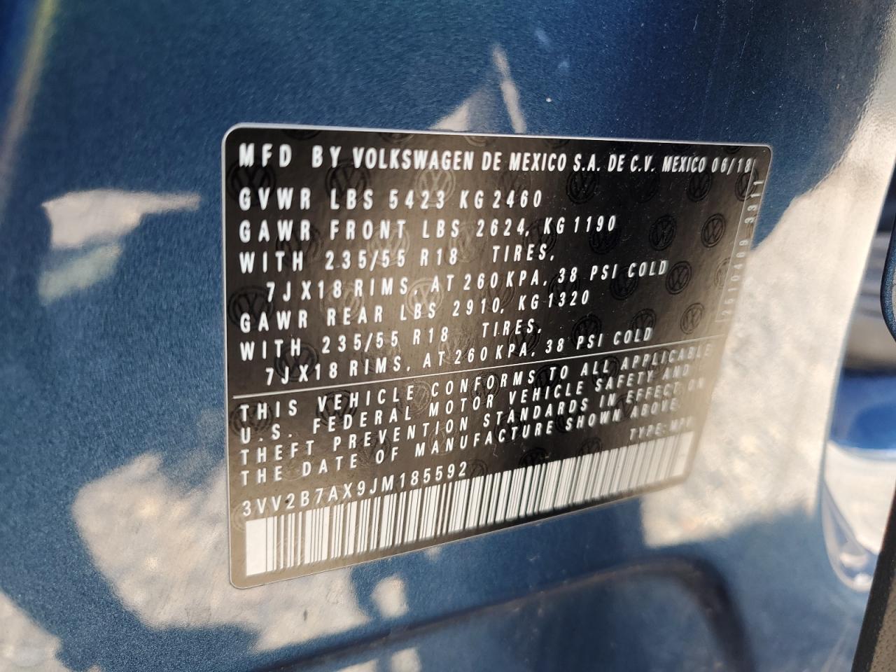 2018 Volkswagen Tiguan Se VIN: 3VV2B7AX9JM185592 Lot: 65824164