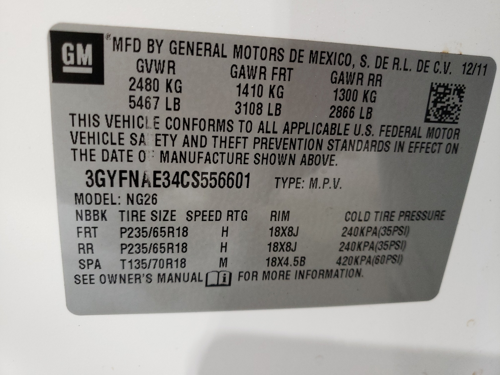 3GYFNAE34CS556601 2012 Cadillac Srx Luxury Collection