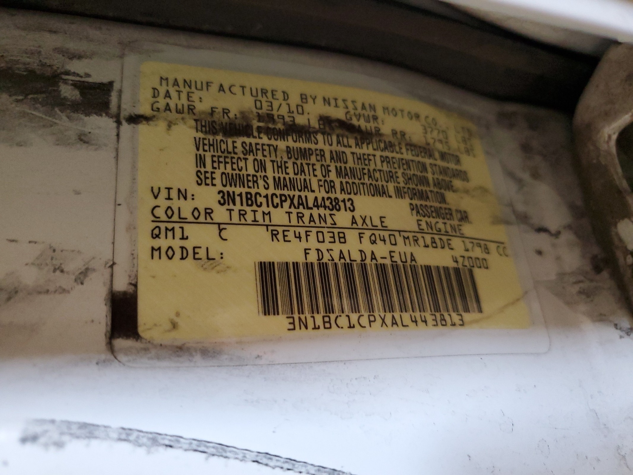 3N1BC1CPXAL443813 2010 Nissan Versa S