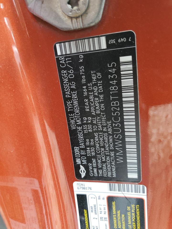2011 Mini Cooper VIN: WMWSU3C52BT184345 Lot: 65887634