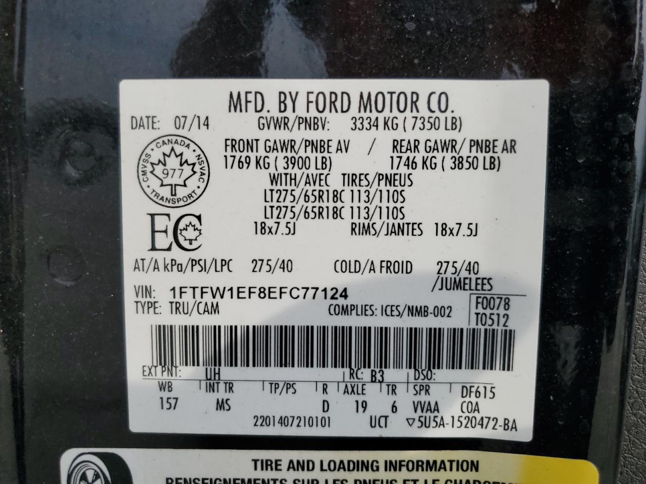 2014 Ford F150 Supercrew VIN: 1FTFW1EF8EFC77124 Lot: 66297464