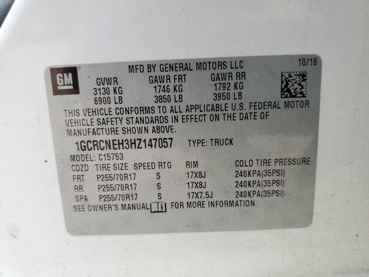 1GCRCNEH3HZ147057 2017 Chevrolet Silverado C1500