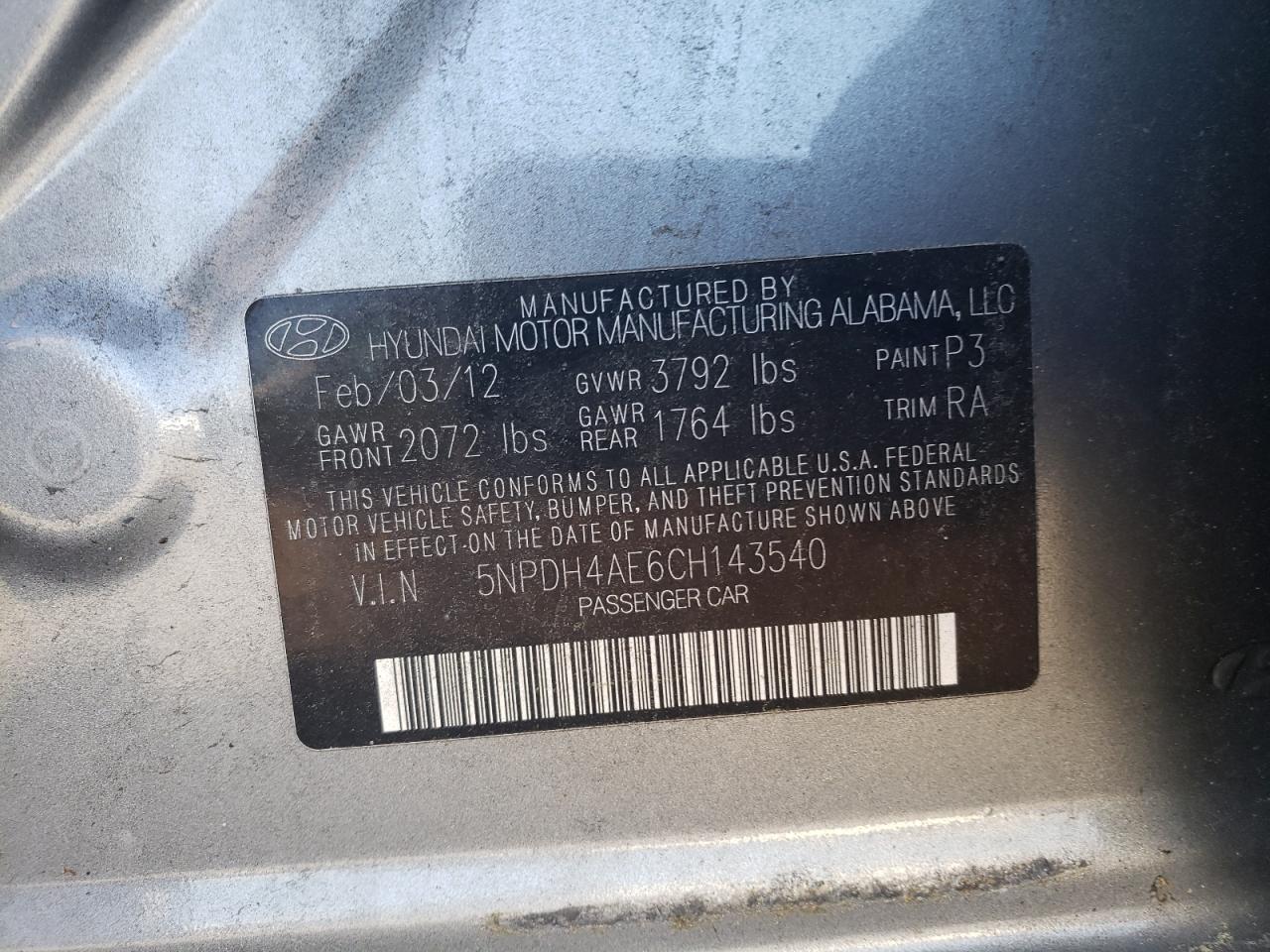 2012 Hyundai Elantra Gls VIN: 5NPDH4AE6CH143540 Lot: 67000184