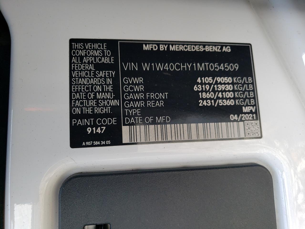 2021 Mercedes-Benz Sprinter 2500 VIN: W1W40CHY1MT054509 Lot: 67326124