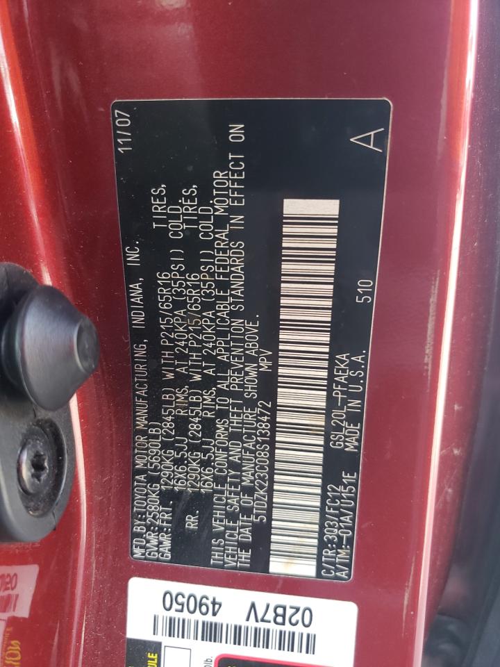 2008 Toyota Sienna Ce VIN: 5TDZK23C08S138472 Lot: 65089844