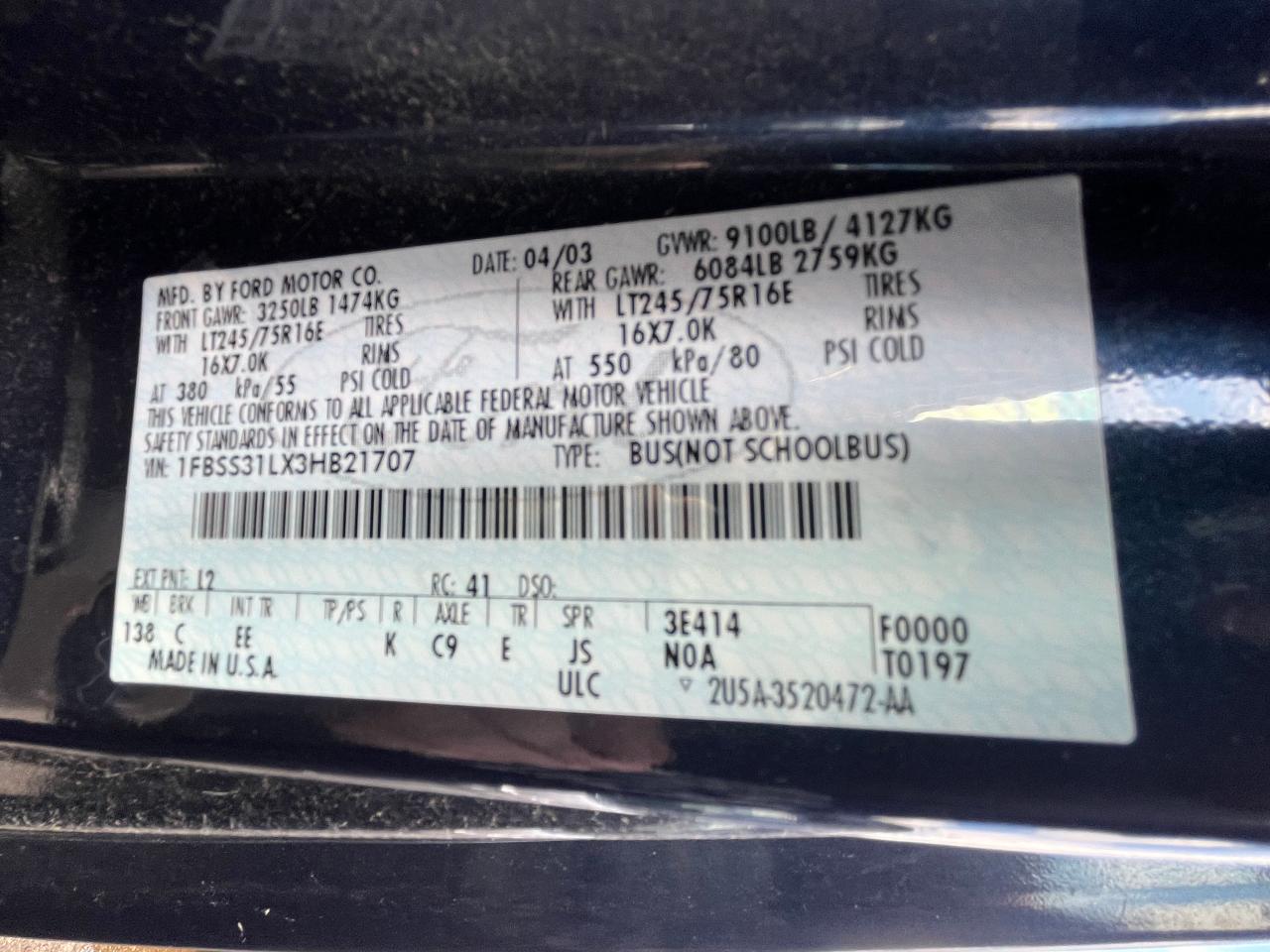 2003 Ford Econoline E350 Super Duty Wagon VIN: 1FBSS31LX3HB21707 Lot: 68155114