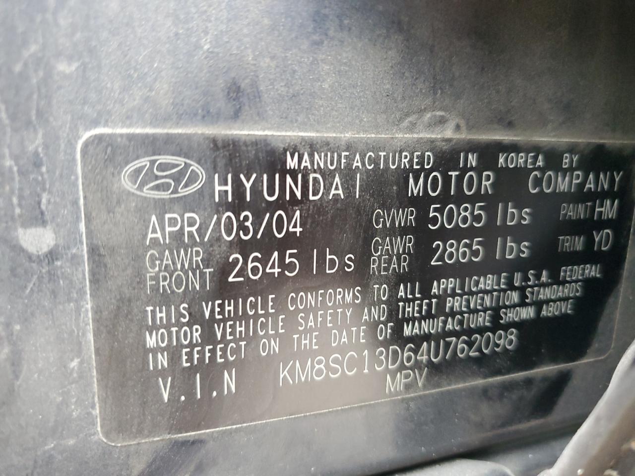 KM8SC13D64U762098 2004 Hyundai Santa Fe Gls