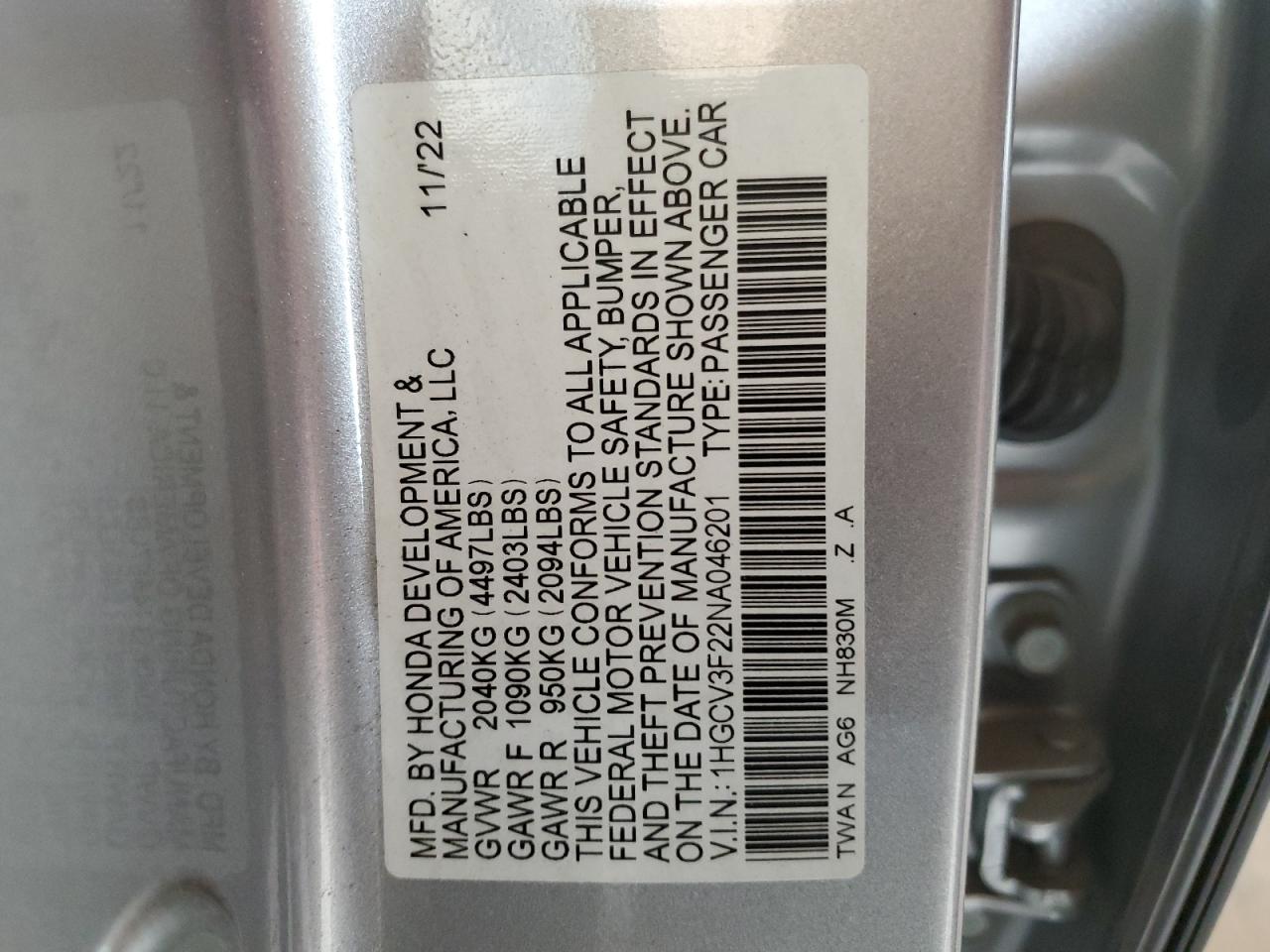 1HGCV3F22NA046201 2022 Honda Accord Hybrid Sport