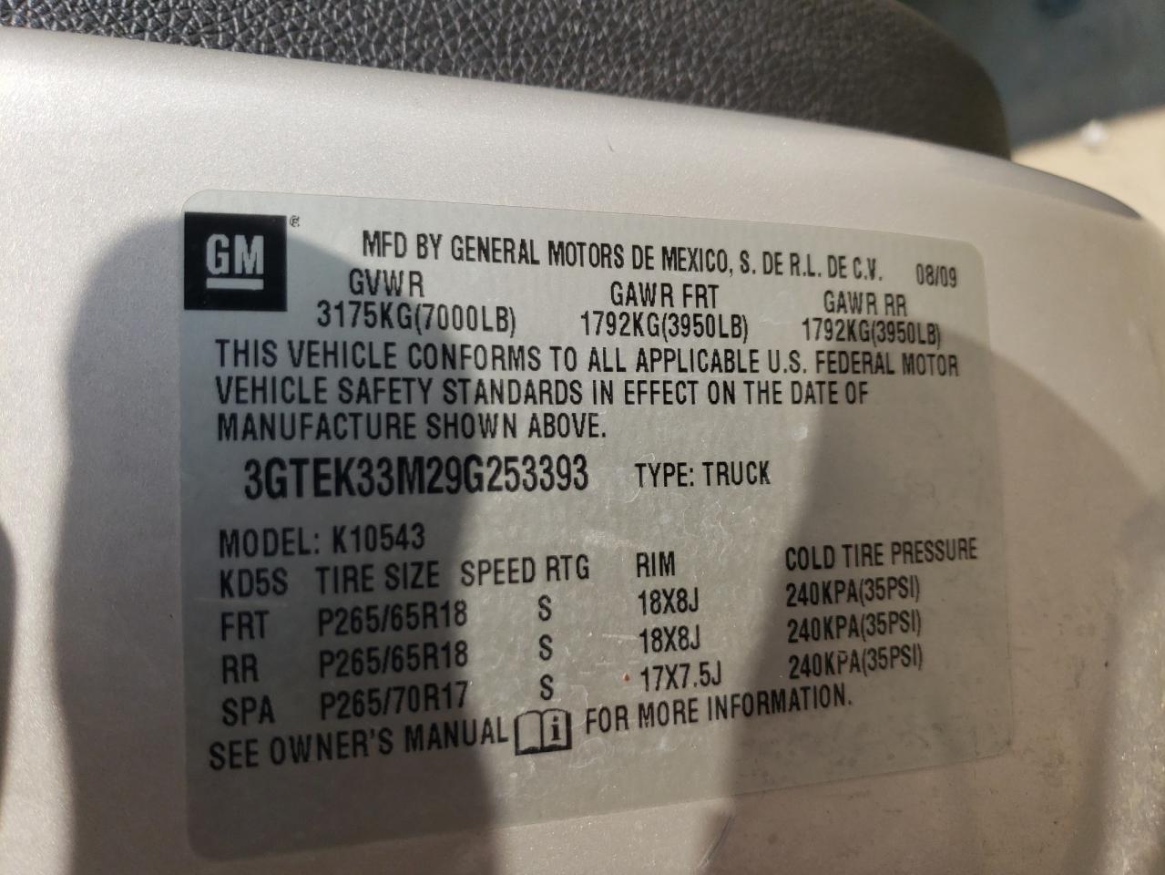 2009 GMC Sierra K1500 Slt VIN: 3GTEK33M29G253393 Lot: 65964094