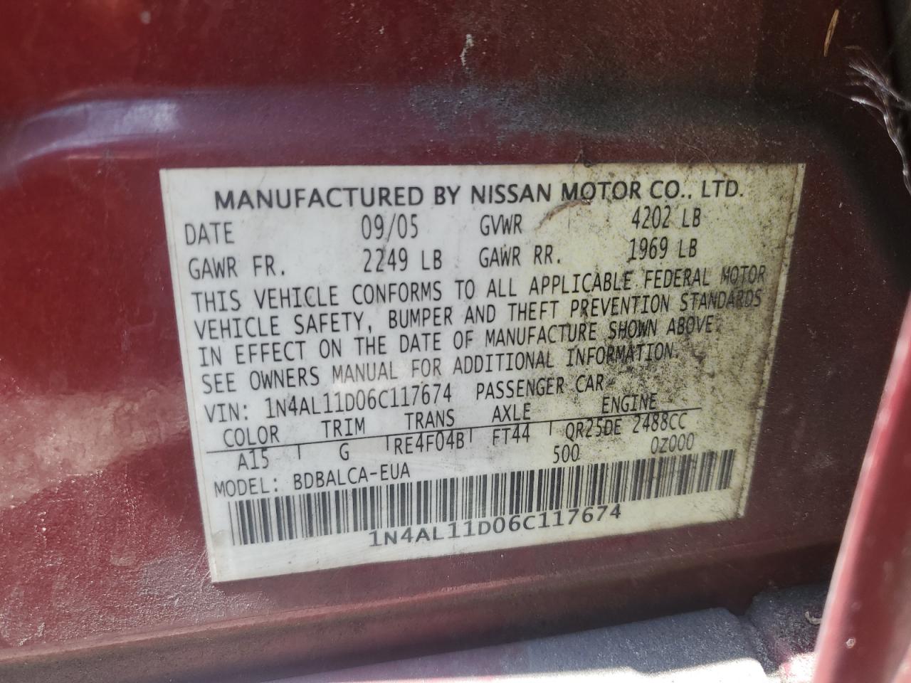 2006 Nissan Altima S VIN: 1N4AL11D06C117674 Lot: 65911844