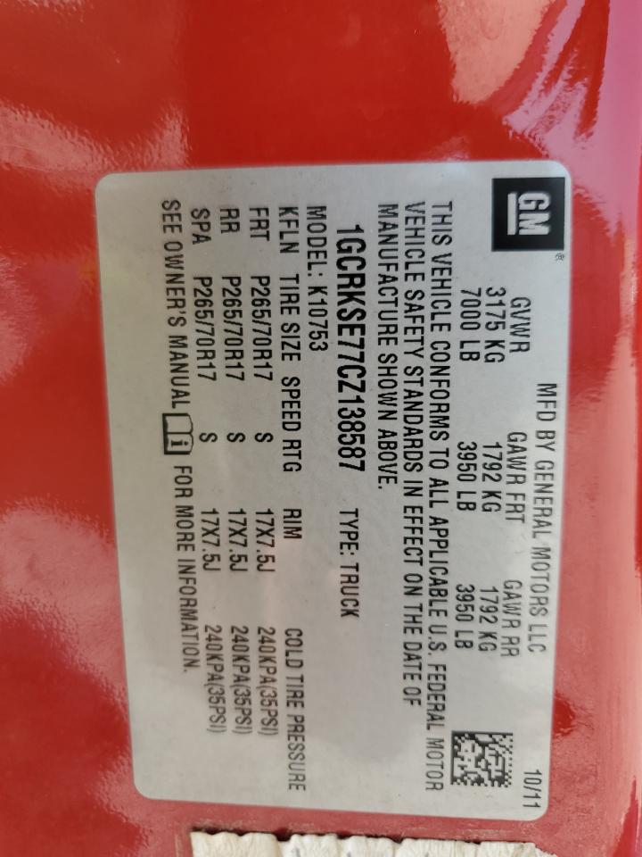 2012 Chevrolet Silverado K1500 Lt VIN: 1GCRKSE77CZ138587 Lot: 65367724