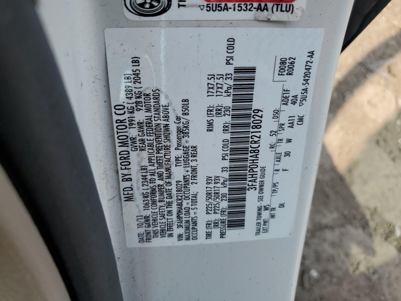 2012 Ford Fusion Se VIN: 3FAHP0HA8CR218029 Lot: 67209504