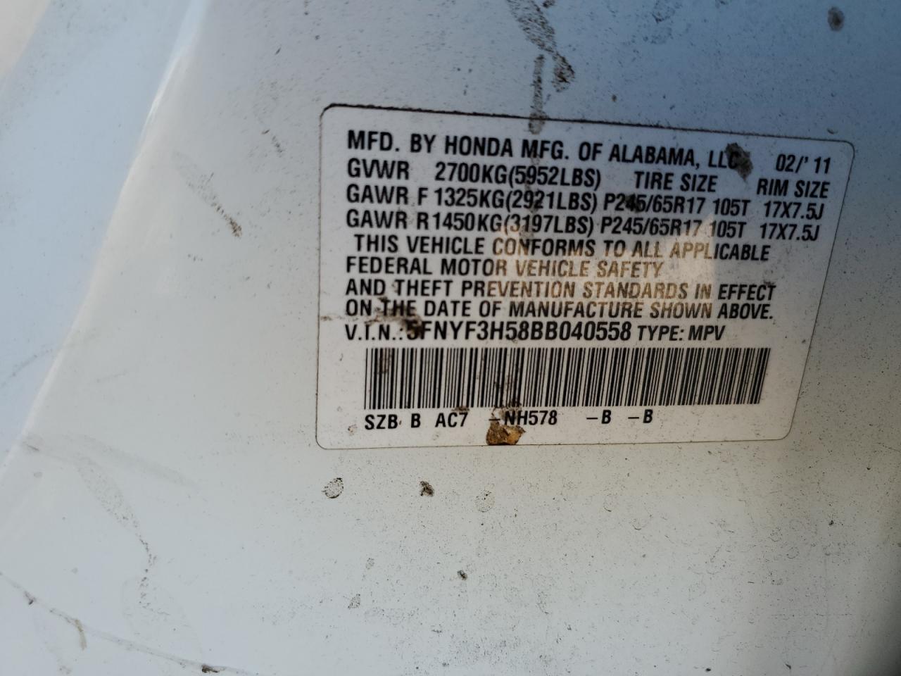 2011 Honda Pilot Exl VIN: 5FNYF3H58BB040558 Lot: 68340254