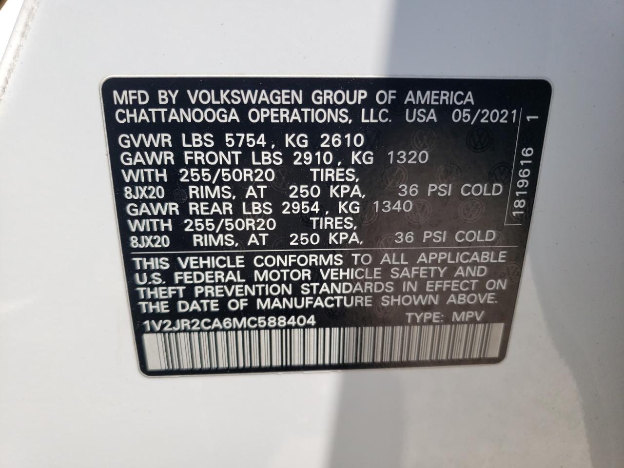 1V2JR2CA6MC588404 2021 Volkswagen Atlas Se