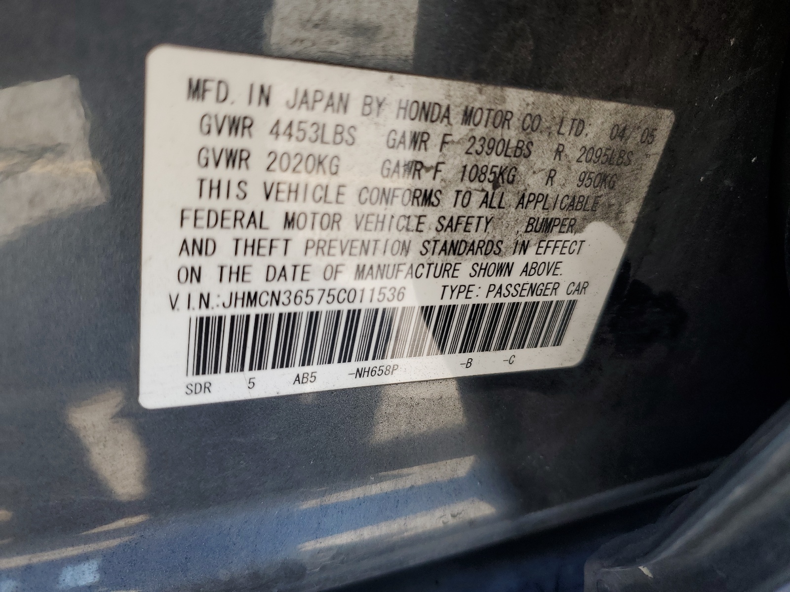 JHMCN36575C011536 2005 Honda Accord Hybrid