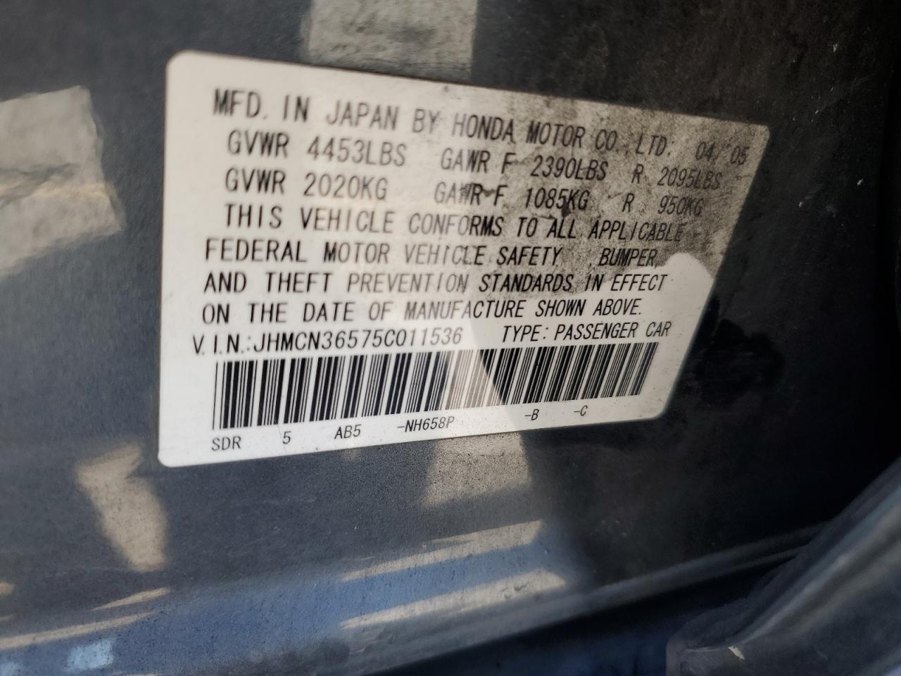 2005 Honda Accord Hybrid VIN: JHMCN36575C011536 Lot: 67584054