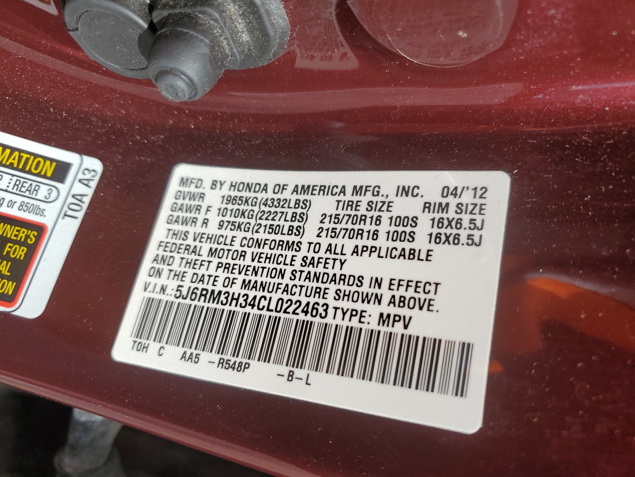 5J6RM3H34CL022463 2012 Honda Cr-V Lx