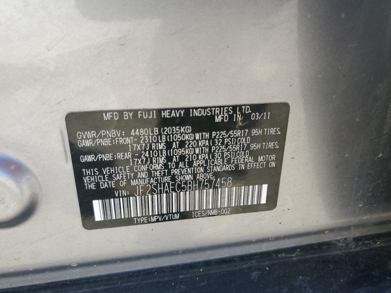 JF2SHAEC5BH757458 2011 Subaru Forester Limited