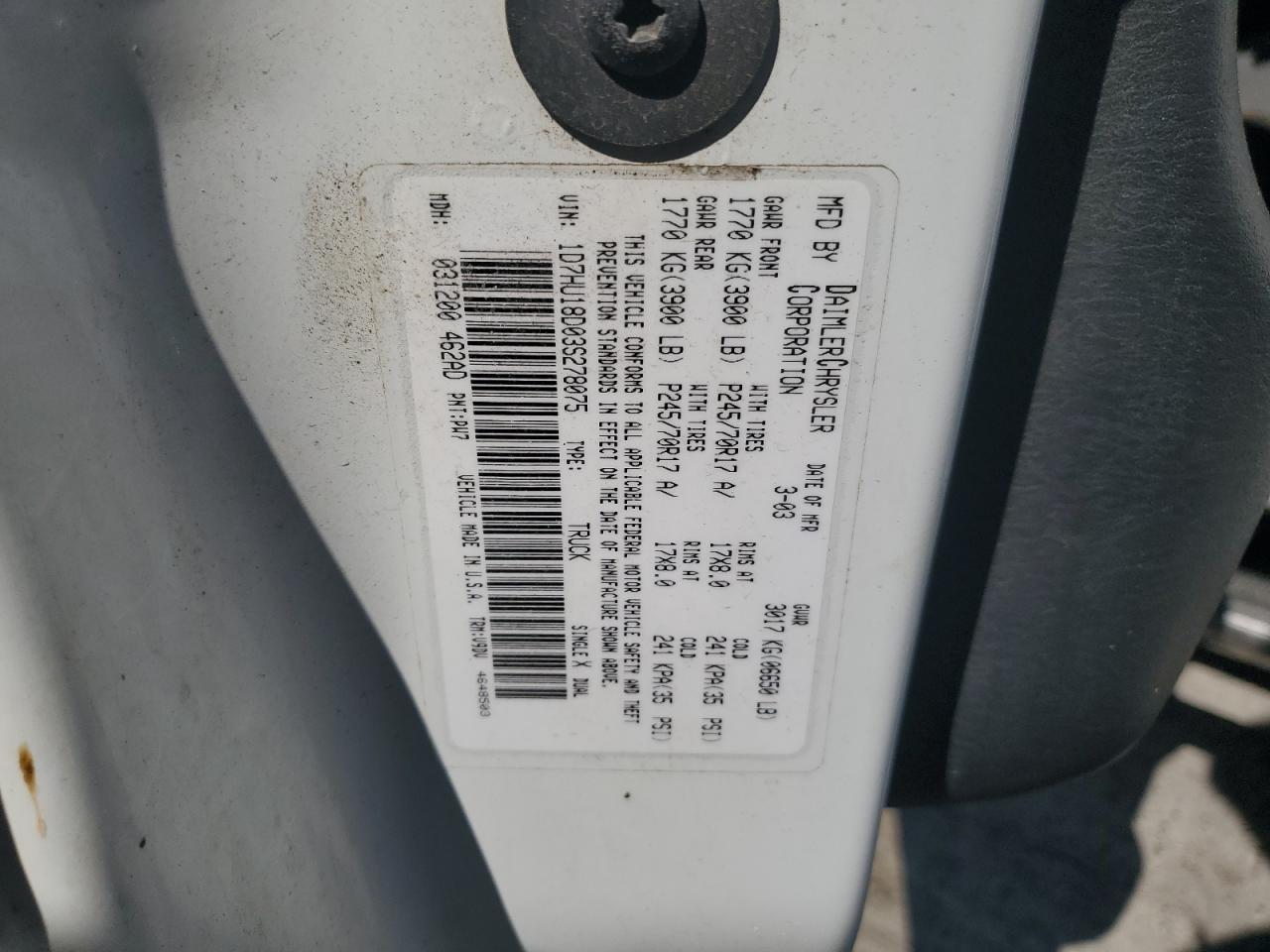 2003 Dodge Ram 1500 St VIN: 1D7HU18D03S278075 Lot: 67929414