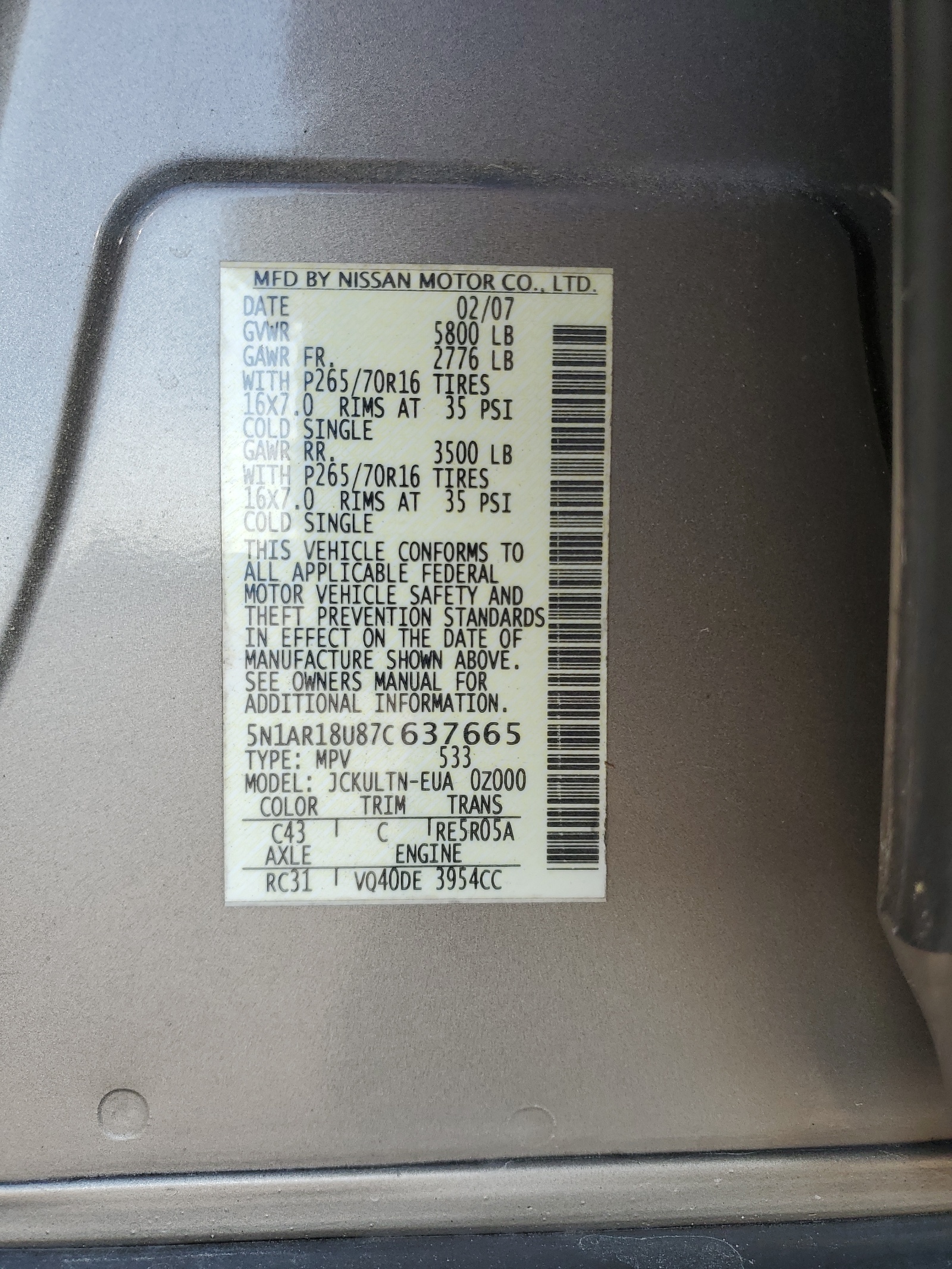 5N1AR18U87C637665 2007 Nissan Pathfinder Le