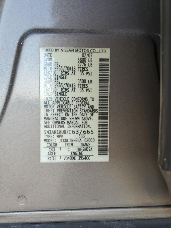 2007 Nissan Pathfinder Le VIN: 5N1AR18U87C637665 Lot: 68007124