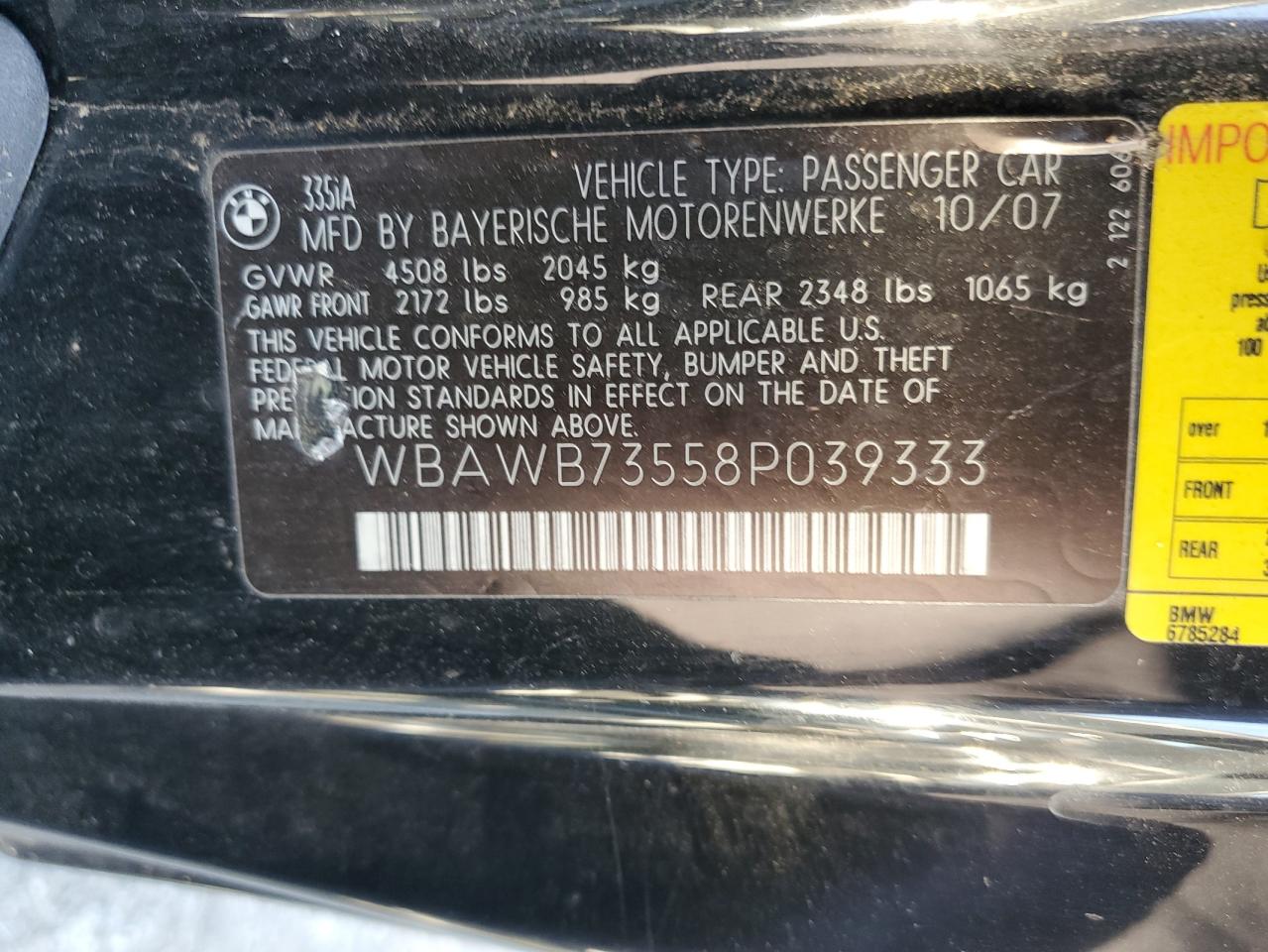 2008 BMW 335 I VIN: WBAWB73558P039333 Lot: 65597414