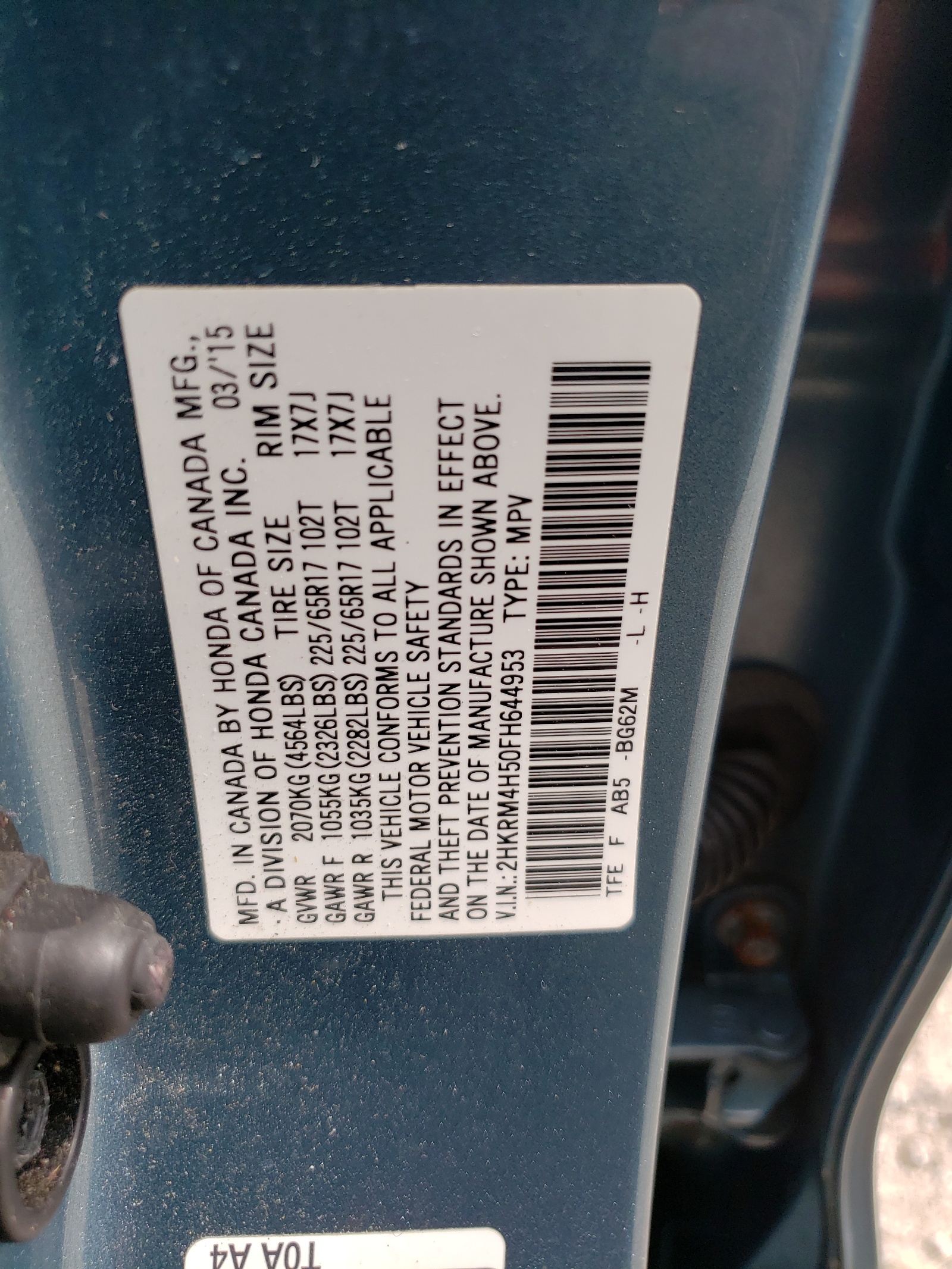 2HKRM4H50FH644953 2015 Honda Cr-V Ex