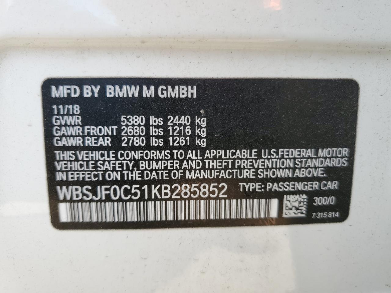 VIN WBSJF0C51KB285852 2019 BMW M5 no.12