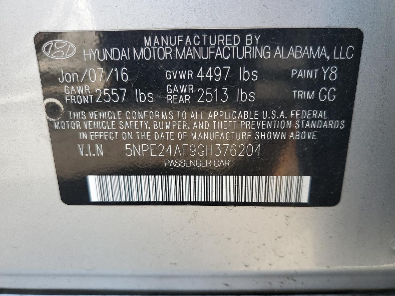 2016 Hyundai Sonata Se VIN: 5NPE24AF9GH376204 Lot: 65661544