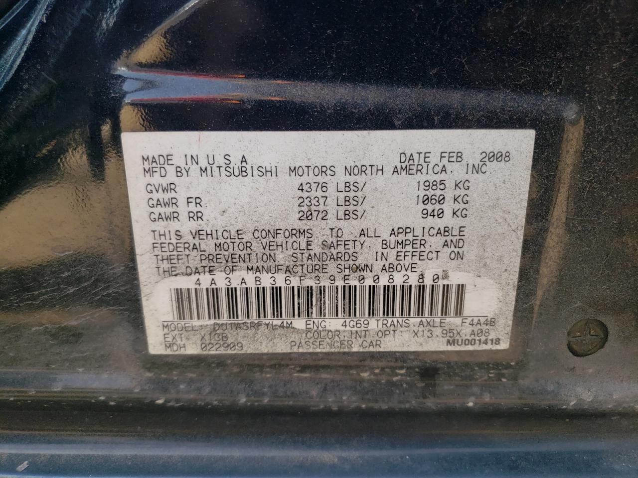 2009 Mitsubishi Galant Es VIN: 4A3AB36F39E008280 Lot: 67225554