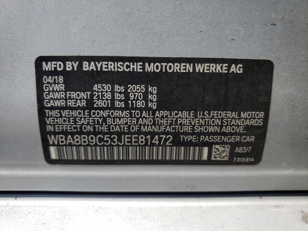 WBA8B9C53JEE81472 2018 BMW 330 I