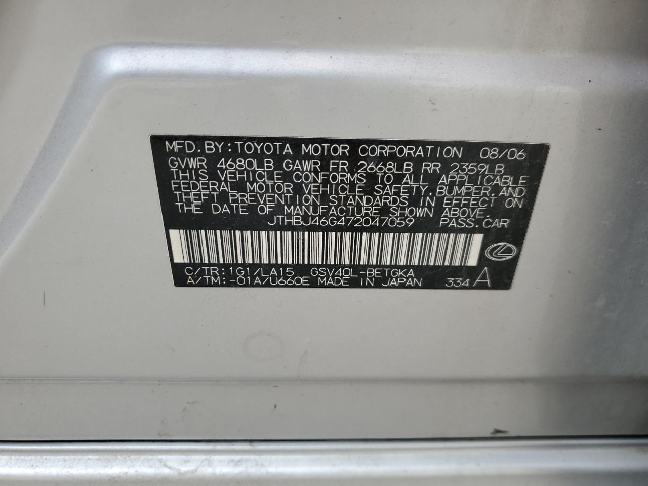 2007 Lexus Es 350 VIN: JTHBJ46G472047059 Lot: 65783014