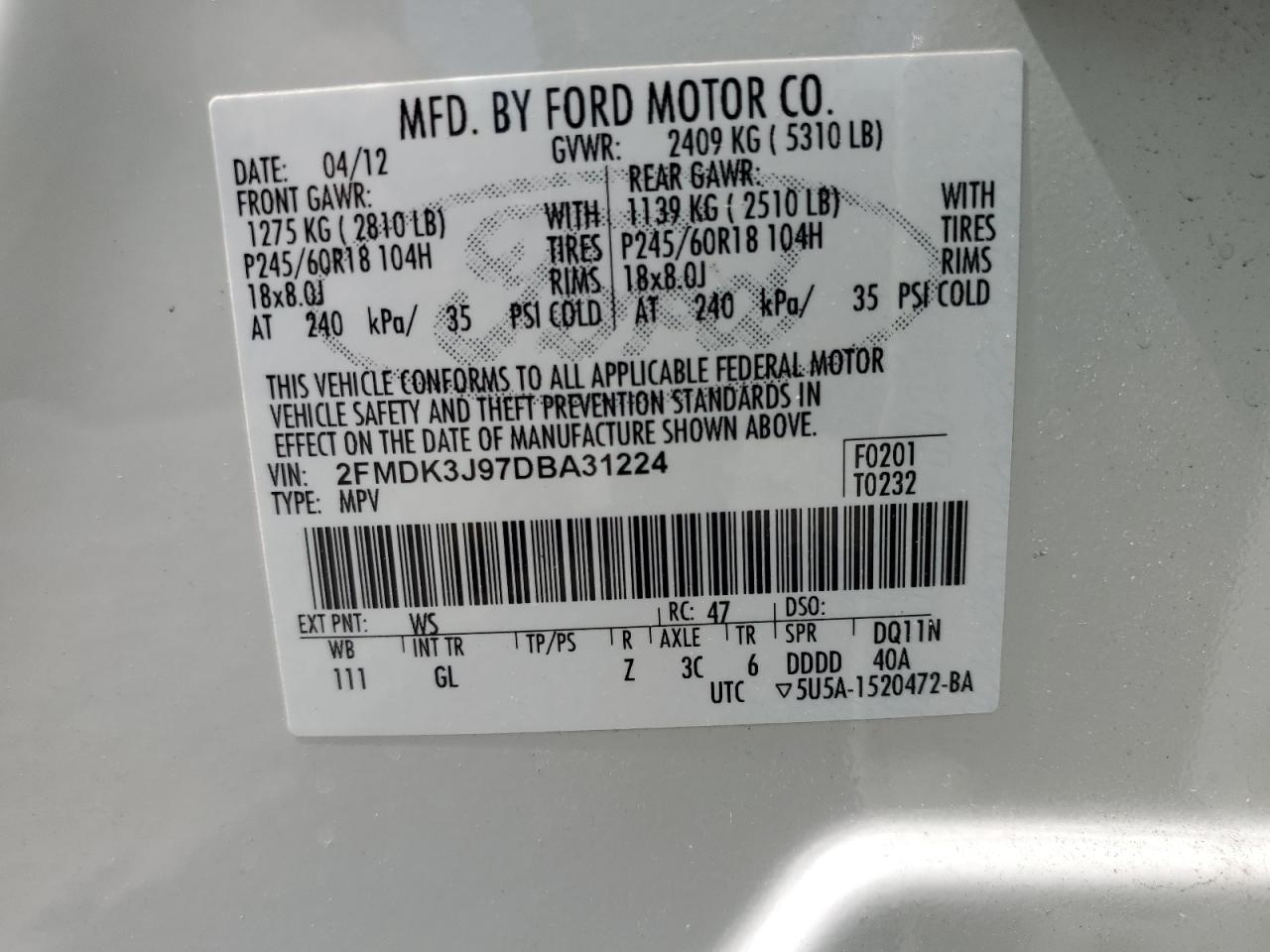 2FMDK3J97DBA31224 2013 Ford Edge Sel