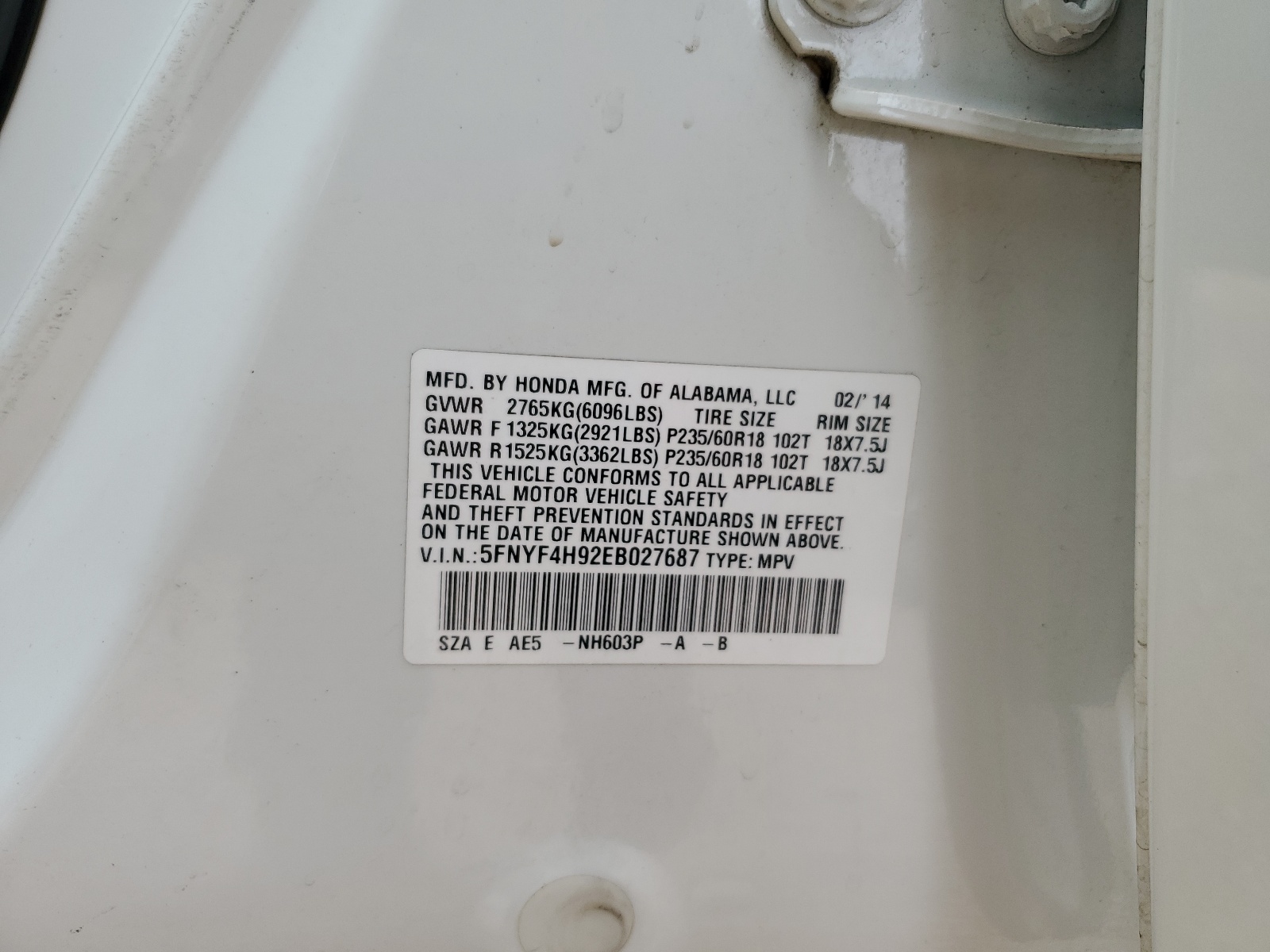 5FNYF4H92EB027687 2014 Honda Pilot Touring