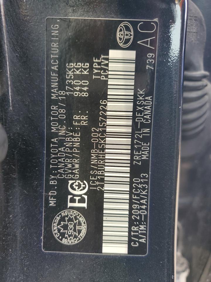 2019 Toyota Corolla L VIN: 2T1BURHE5KC157226 Lot: 60900125