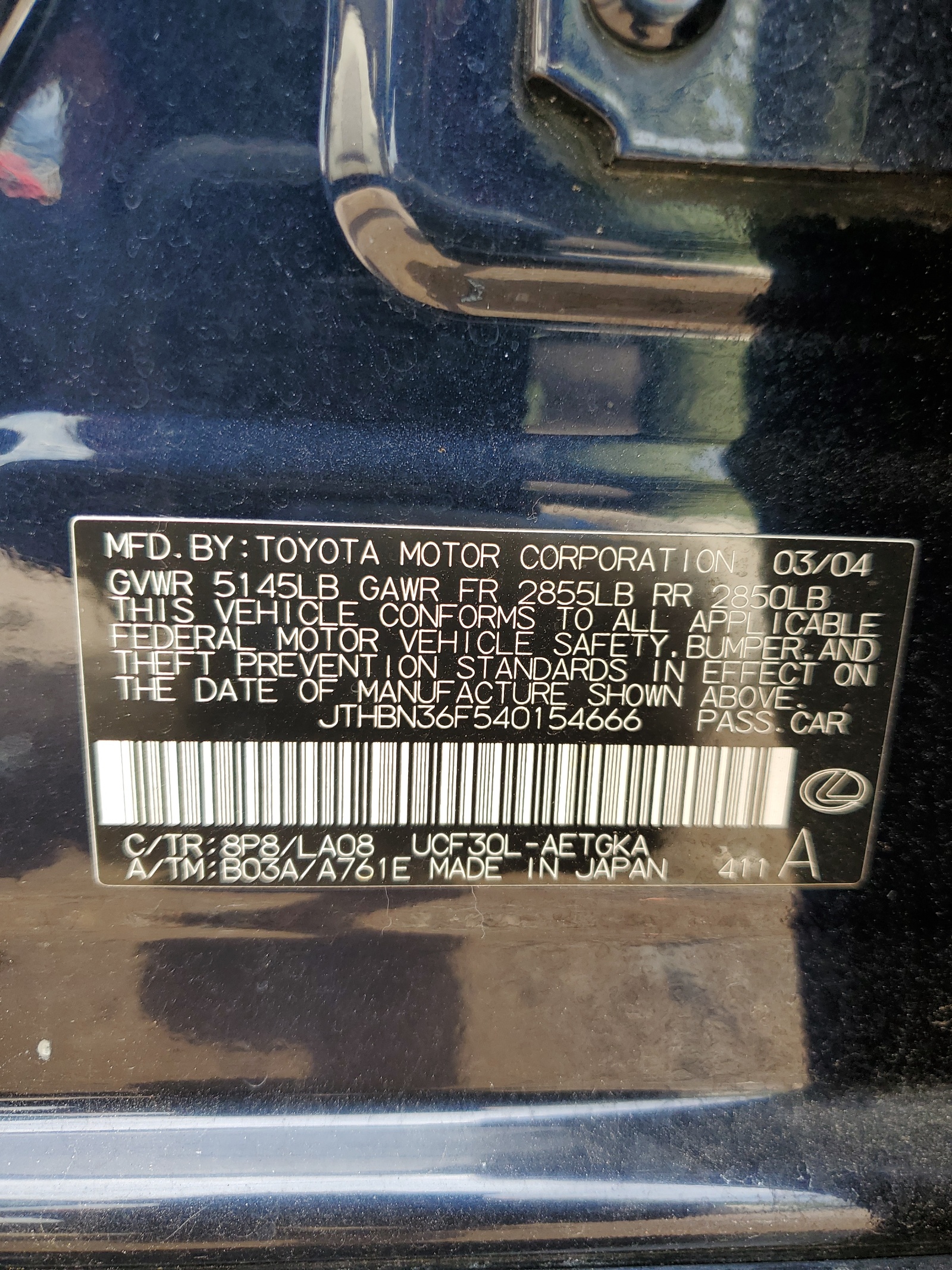 JTHBN36F540154666 2004 Lexus Ls 430