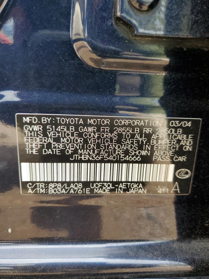 2004 Lexus Ls 430 VIN: JTHBN36F540154666 Lot: 66512024